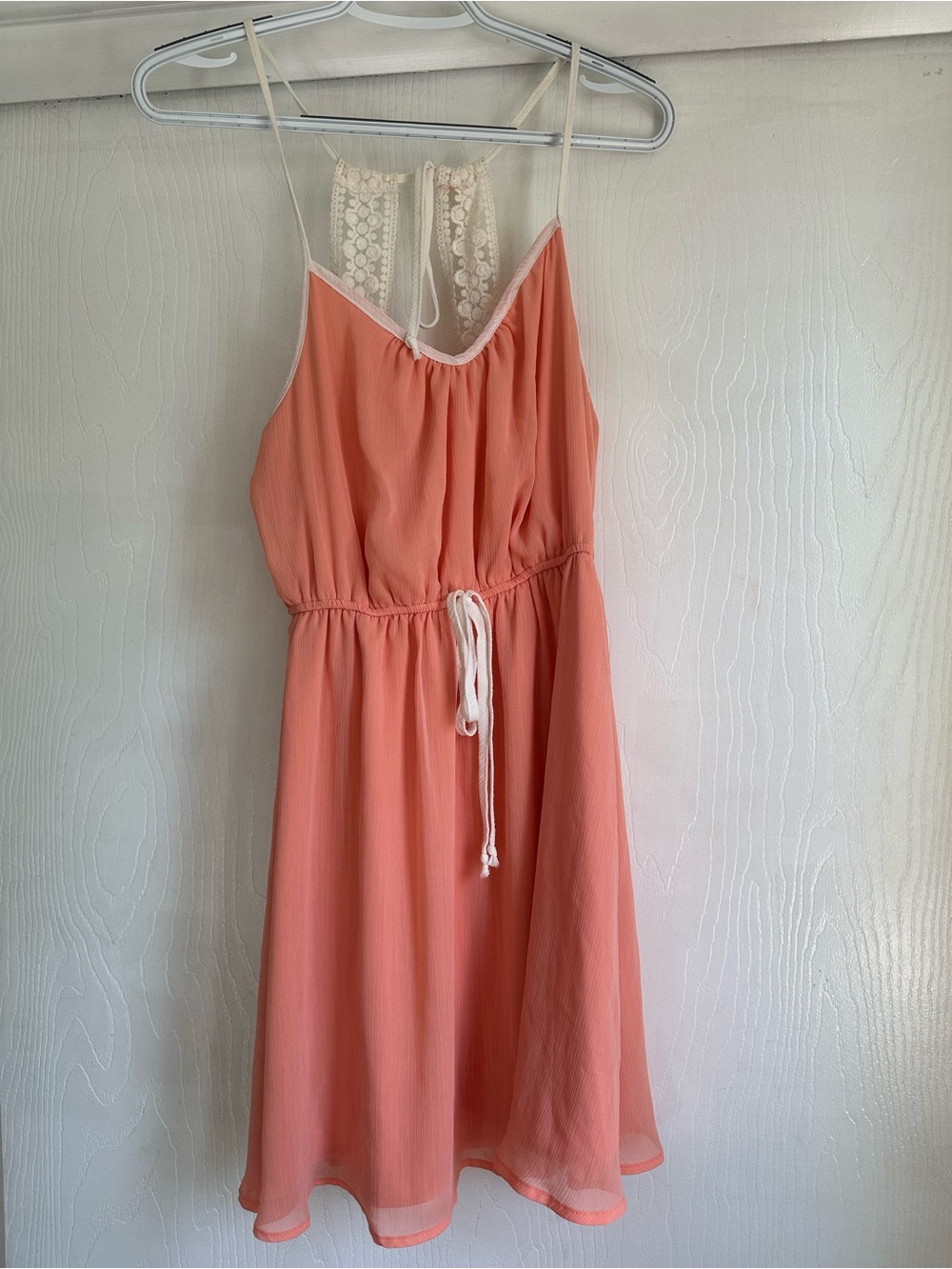 Papaya Coral Chiffon dress with tie stretch waist and lace crochet back